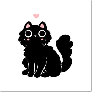 Cute black cat with a pink heart illustration Posters and Art